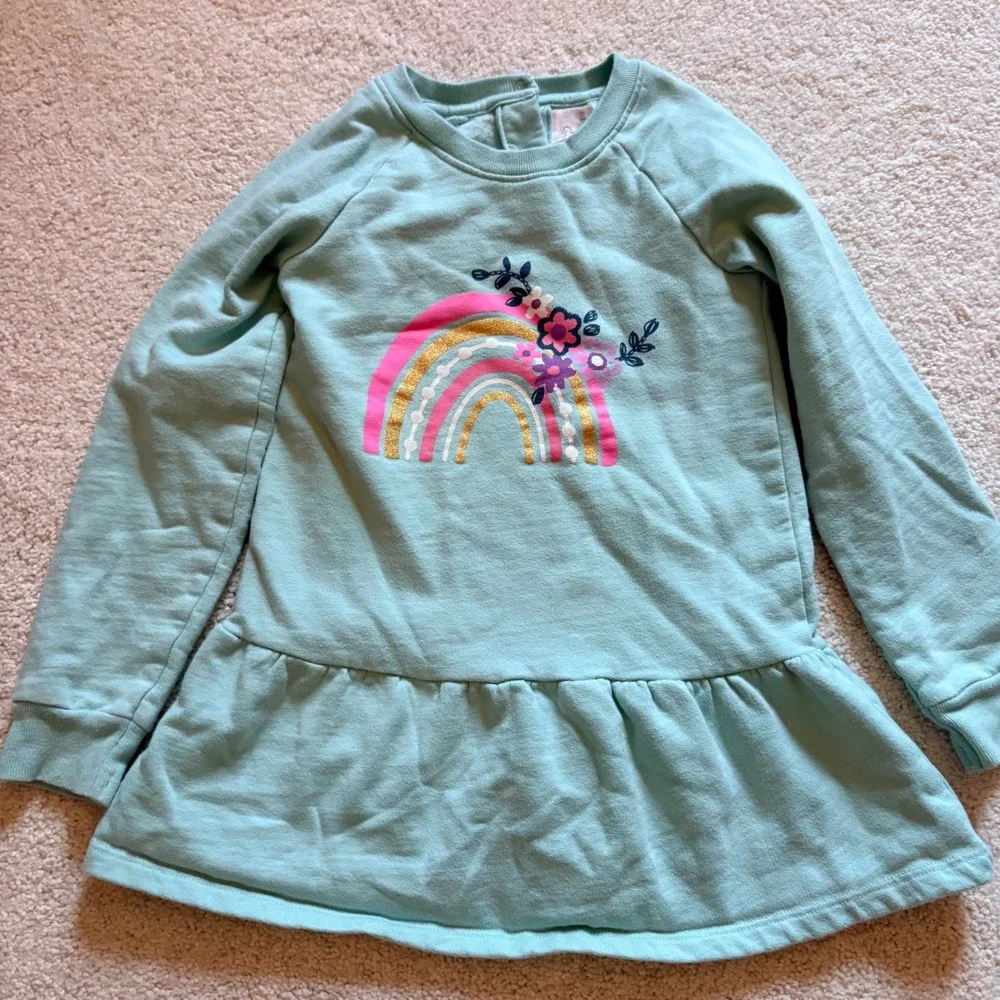 Koala Kids Rainbow Floral Sweatshirt Dress Ruffle Hem Aqua Blue Girls Size 4T